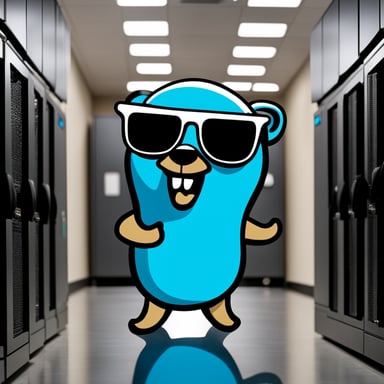 Go Blue Gopher, the happy blue gopher in the server room, wearing Yadro company merch, is the master of backup systems.