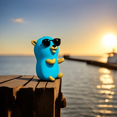 Go Blue Gopher sitting on a dock looking at the sea.