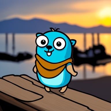 Go Blue Gopher sitting on a dock looking at the sea.