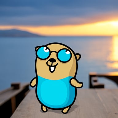 Go Blue Gopher sitting on a dock looking at the sea.