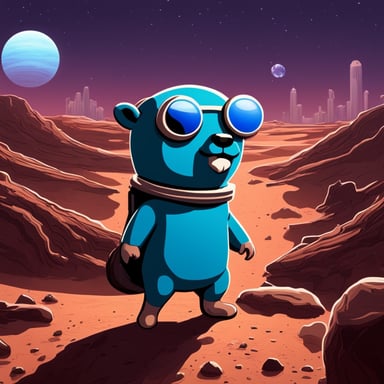Go Blue Gopher looking to Earth from Mars with a futuristic setting around.