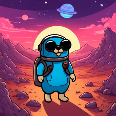 Go Blue Gopher looking to Earth from Mars with a futuristic setting around.