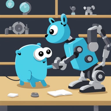 Go Blue Gopher assembling a robot dog.