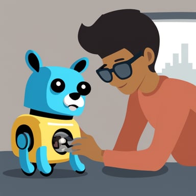 Go Blue Gopher assembling a robot dog.