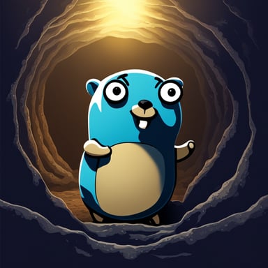 Go Blue Gopher in a dark shelter looking to the sunny outside.
