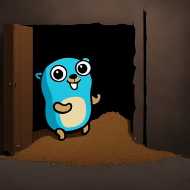 Go Blue Gopher in a dark shelter looking to the sunny outside.