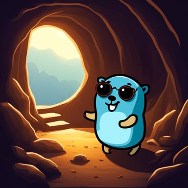 Go Blue Gopher in a dark shelter looking to the sunny outside.