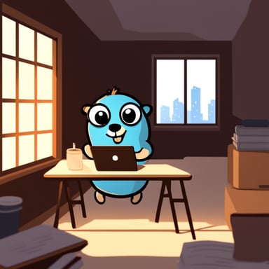 Go Blue Gopher is in a dark shelter, working on a notebook and looking out towards the sunny outside.