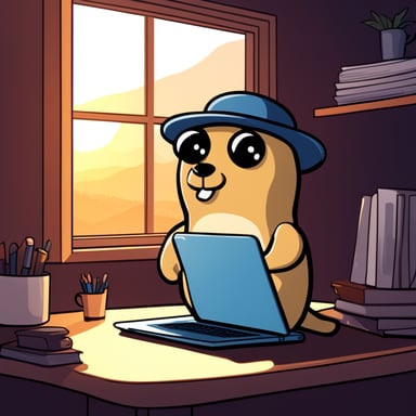 Go Blue Gopher is in a dark shelter, working on a notebook and looking out towards the sunny outside.