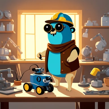 Go Blue Gopher is an engineer assembling a robot.