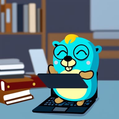 Go Blue Gopher is a plush toy sitting near a laptop.