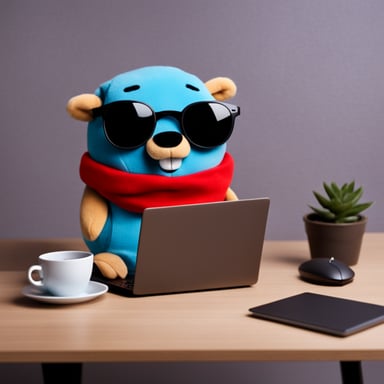 Go Blue Gopher is a plush toy sitting near a laptop.