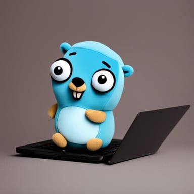 Go Blue Gopher is a plush toy sitting near a laptop.