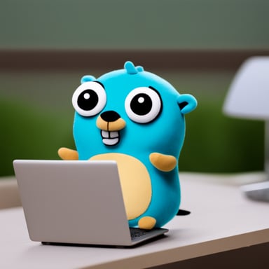 Go Blue Gopher is a plush toy sitting near a laptop.