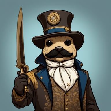 The Go Blue Gopher is envisioned as a Victorian sabre fighter, complete with a distinguished moustache and beard, showcasing both elegance and bravery.