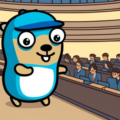 Go Blue Gopher listens to a Golang congress.