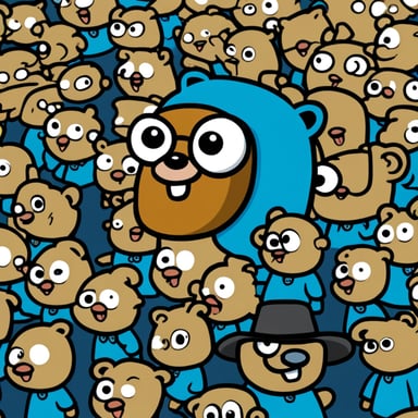 A realistic Go Blue Gopher attending a GopherCon congress with many participants.