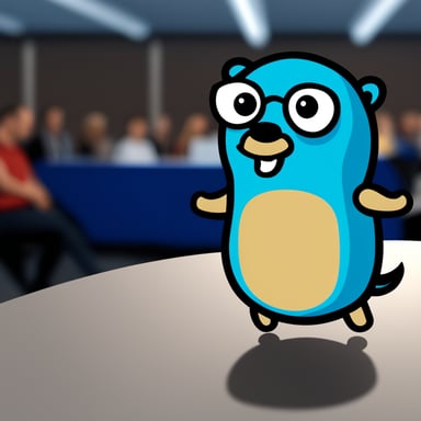 A realistic Go Blue Gopher attending a GopherCon congress with many participants.