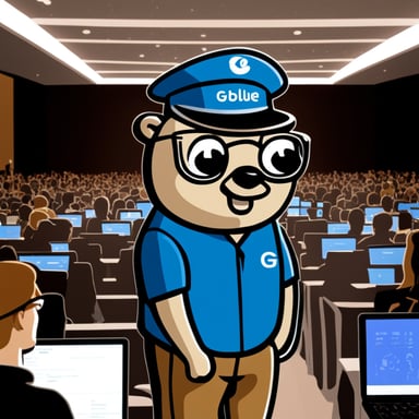 A realistic Go Blue Gopher instructor, attending a GopherCon congress with many participants, with a projection of a Go program.