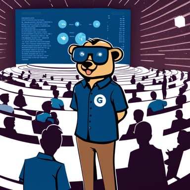 A realistic Go Blue Gopher instructor, attending a GopherCon congress with many participants, with a projection of a Go program.