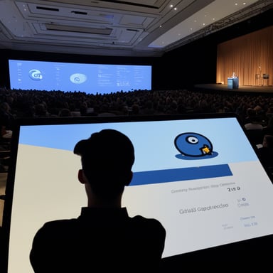 A realistic Go Blue Gopher instructor, attending a GopherCon congress with many participants, with a projection of a Go program.