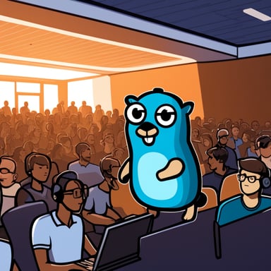 A realistic Go Blue Gopher instructor, attending a GopherCon congress with many participants, with a projection of a Go program.