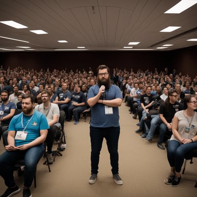 A realistic Go Blue Gopher instructor, in GopherCon congress, with many participants and a projection of a Golang program.