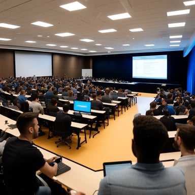 A realistic Go Blue Gopher instructor, in GopherCon congress, with many participants and a projection of a Golang program.