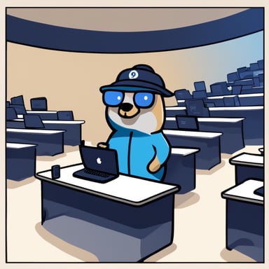 A realistic Go Blue Gopher instructor, in GopherCon congress, with many participants and a projection of a Golang program.
