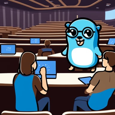 A realistic Go Blue Gopher instructor, in GopherCon congress, with many participants and a projection of a Golang program.