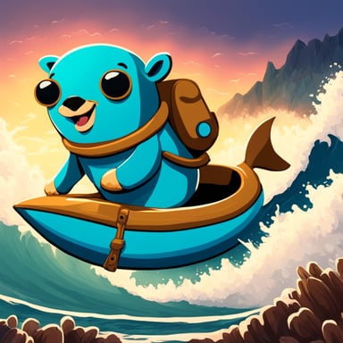 Go Blue Gopher, a happy blue gopher in a neoprene suit, rides on a teal-colored shark. The shark swims on a big wave in the sea.