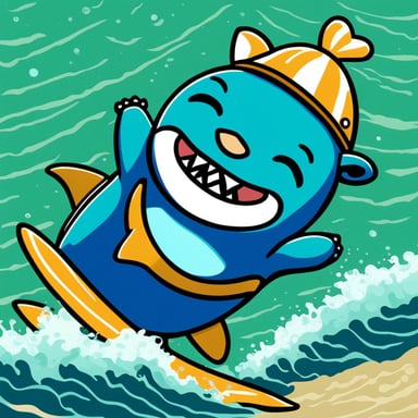 Go Blue Gopher, a happy blue gopher in a neoprene suit, rides on a teal-colored shark. The shark swims on a big wave in the sea.