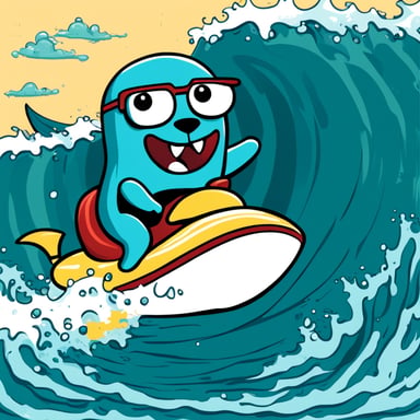 Go Blue Gopher, a happy blue gopher in a neoprene suit, rides on a teal-colored shark. The shark swims on a big wave in the sea.