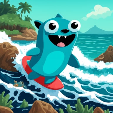 Go Blue Gopher, a happy blue gopher in a neoprene suit, rides on a teal-colored shark. The shark swims on a big wave in the sea.