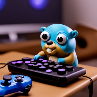 Focused Go Blue Gopher while gaming on a console.