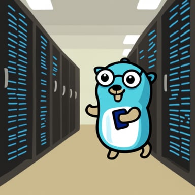 Go blue gopher managing a datacenter.