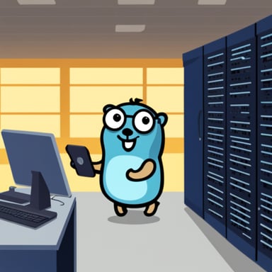 Go blue gopher managing a datacenter.
