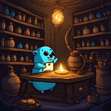 Go Blue Gopher conjuring magic in an alchemist chamber.