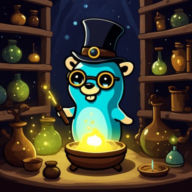 Go Blue Gopher conjuring magic in an alchemist chamber.
