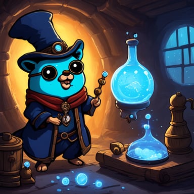Go Blue Gopher conjuring magic in an alchemist chamber.