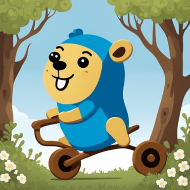 Happy Go Blue Gopher riding on a wooden hobby horse.