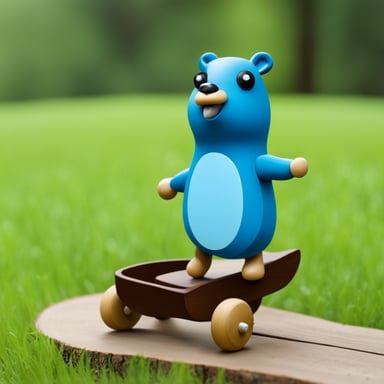 Happy Go Blue Gopher riding on a wooden hobby horse.