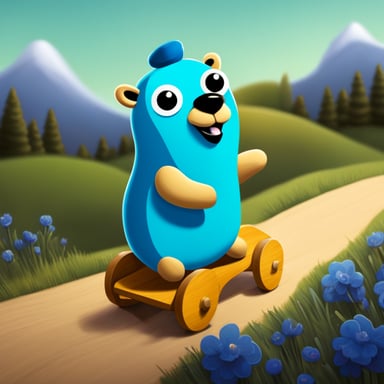 Happy Go Blue Gopher riding on a wooden hobby horse.