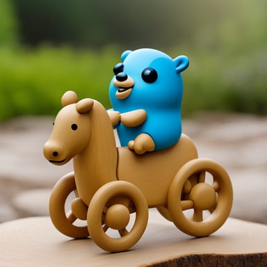 Happy Go Blue Gopher riding on a wooden hobby horse.