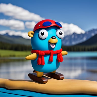 Happy Go Blue Gopher mounted on a wooden toy horse with mountains in the background.