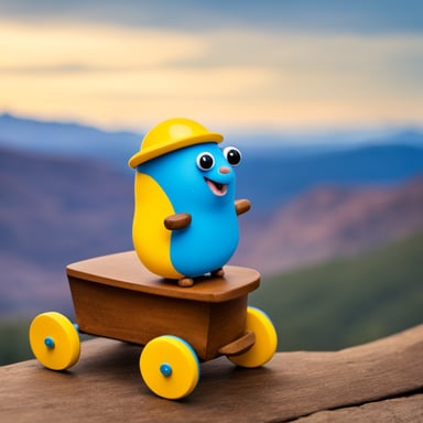 Happy Go Blue Gopher mounted on a wooden toy horse with mountains in the background.