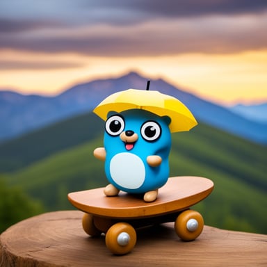 Happy Go Blue Gopher mounted on a wooden toy horse with mountains in the background.