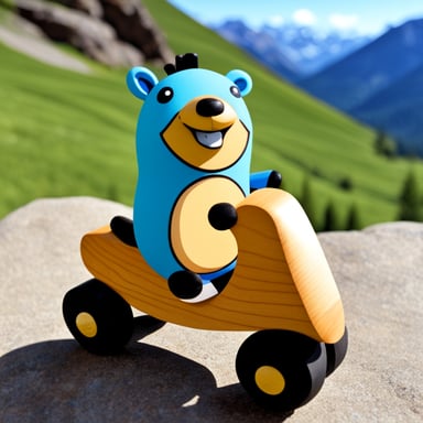 Happy Go Blue Gopher mounted on a wooden toy horse with mountains in the background.