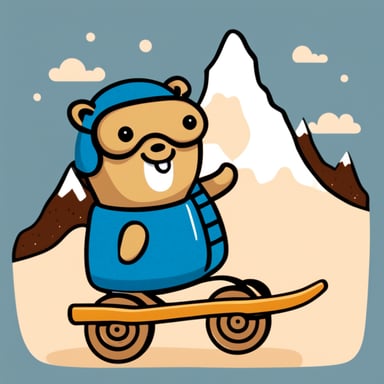 Happy go blue gopher riding on a wooden toy horse with mountains in the background.