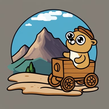 Happy go blue gopher riding on a wooden toy horse with mountains in the background.